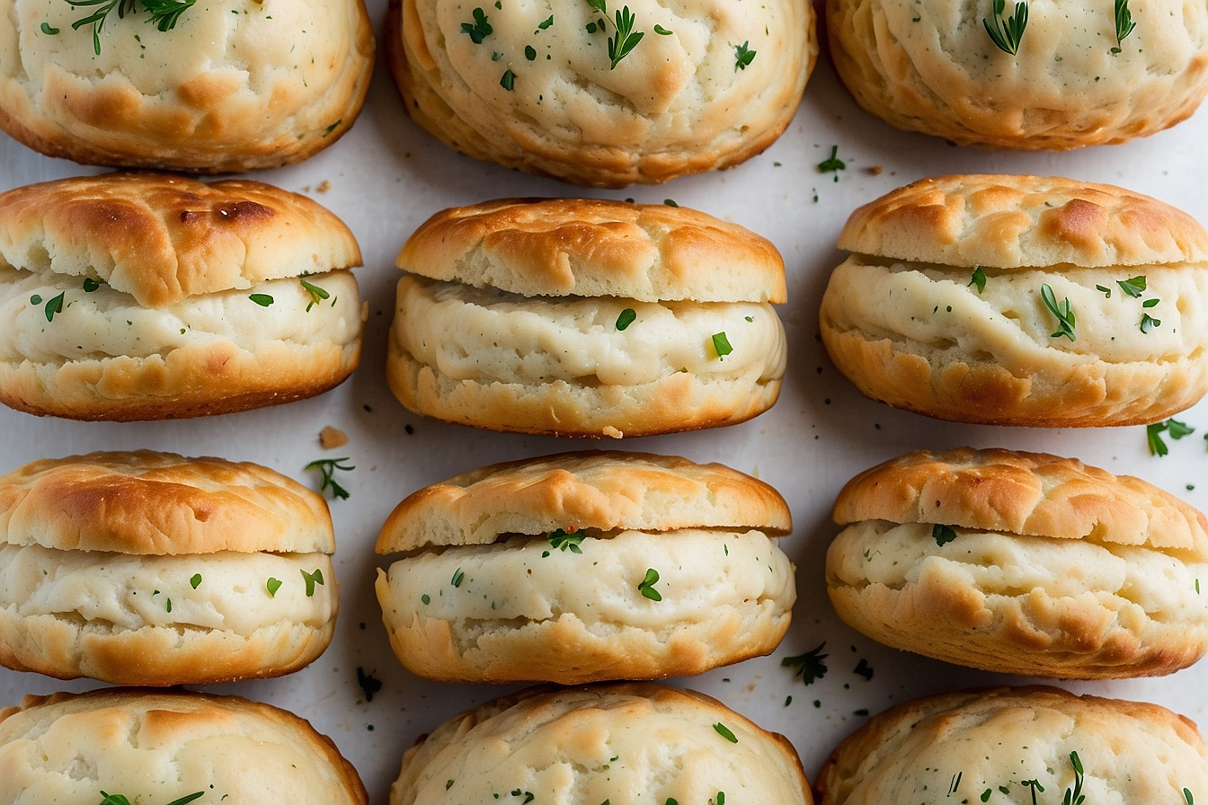 biscuits filled with a creamy mixture, sprinkled with herbs