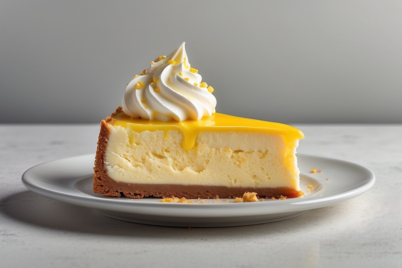 cheesecake slice topped with yellow coulis and whipped cream