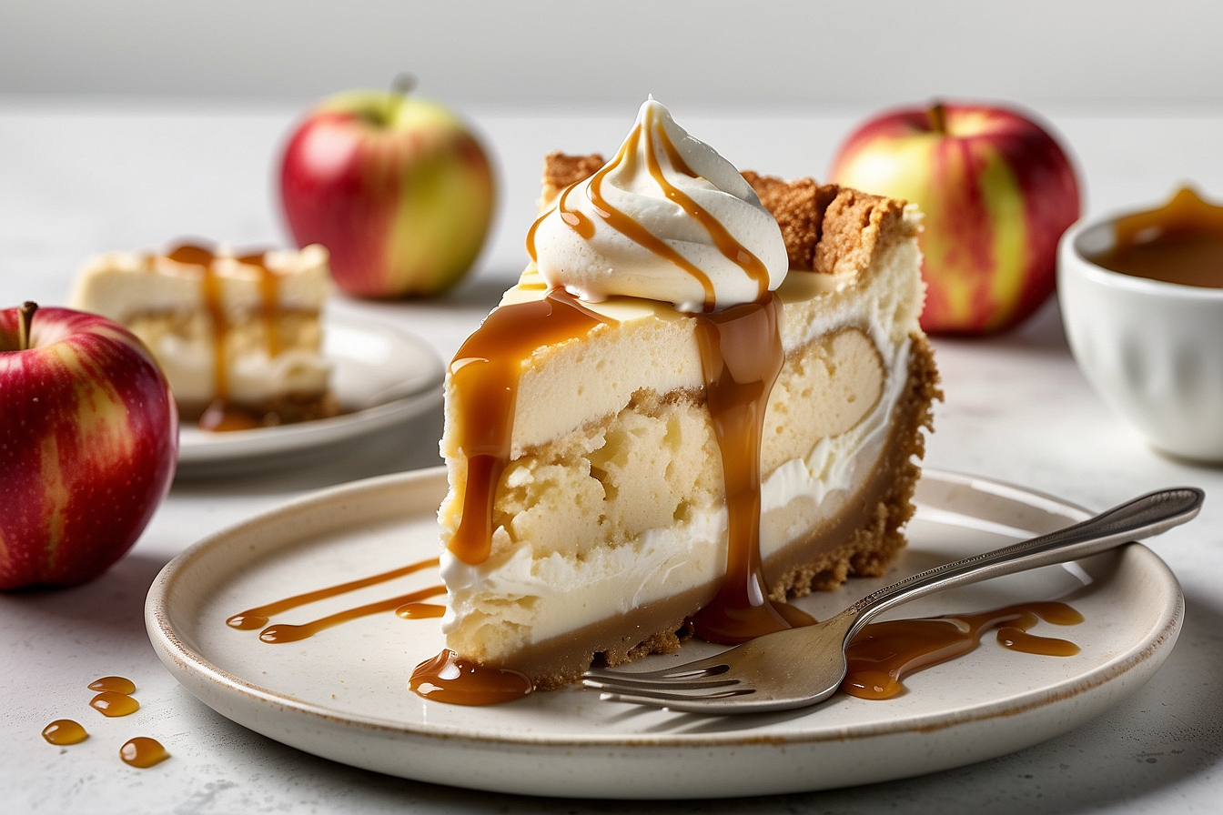 apple cheesecake slice topped with whipped cream and caramel drizzle