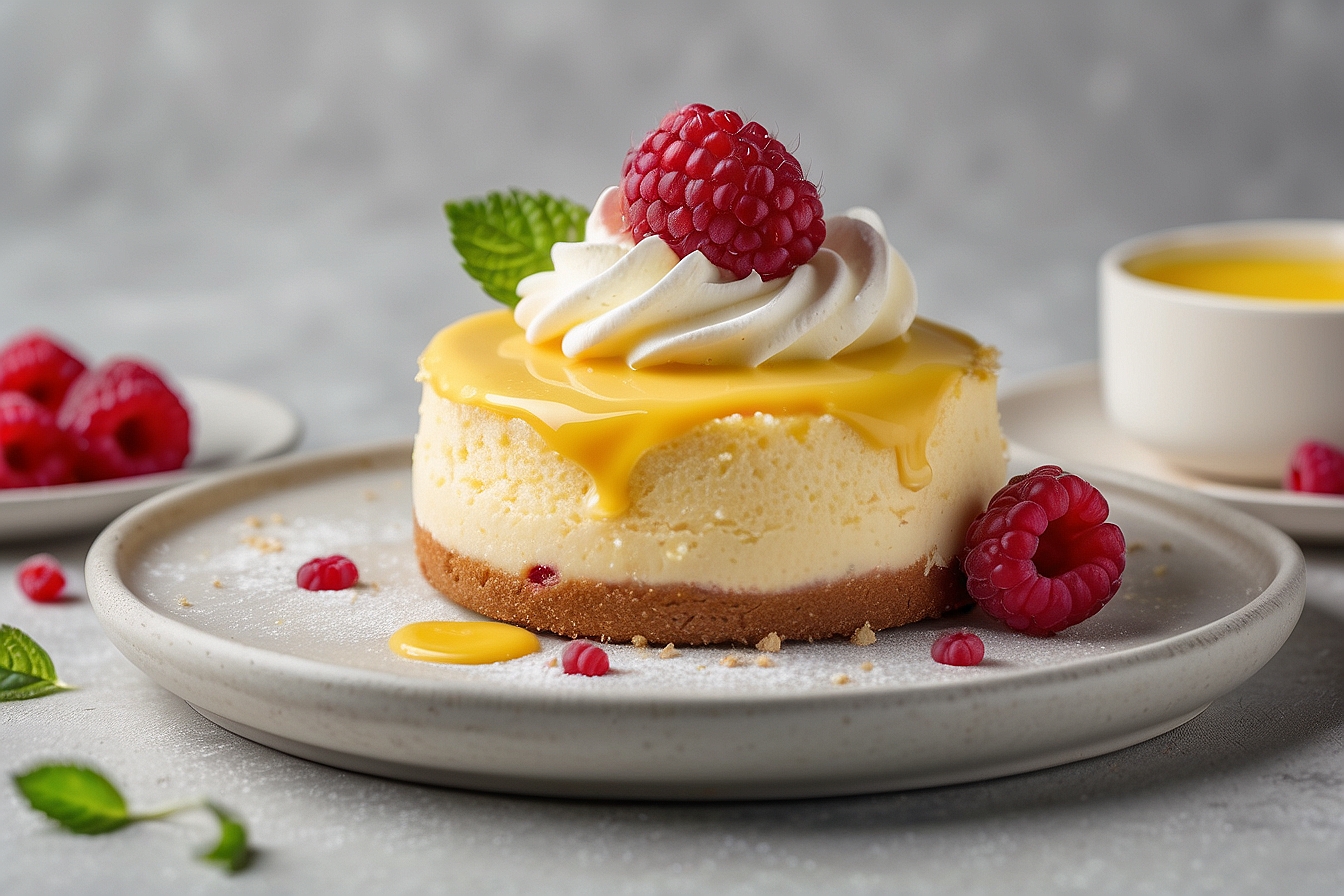 small round cheesecake topped with yellow coulis and whipped cream, garnished with a raspberry