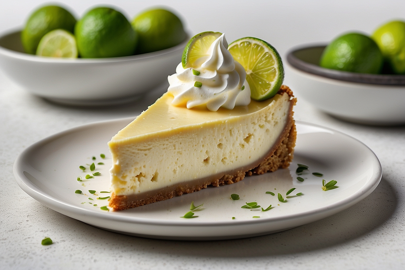 key lime cheesecake slice topped with whipped cream and garnished with lime slices