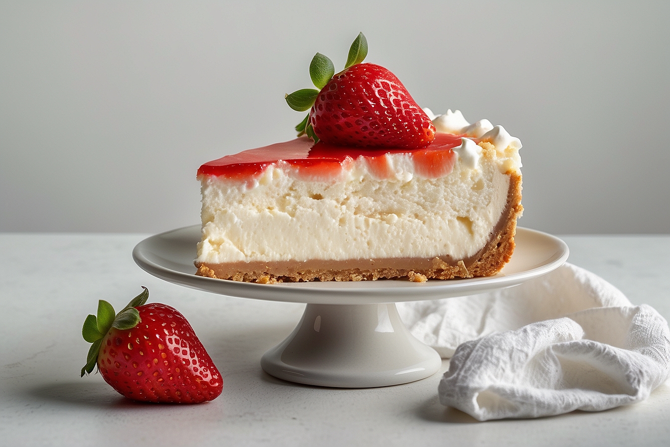 cheesecake slice topped with strawberry coulis