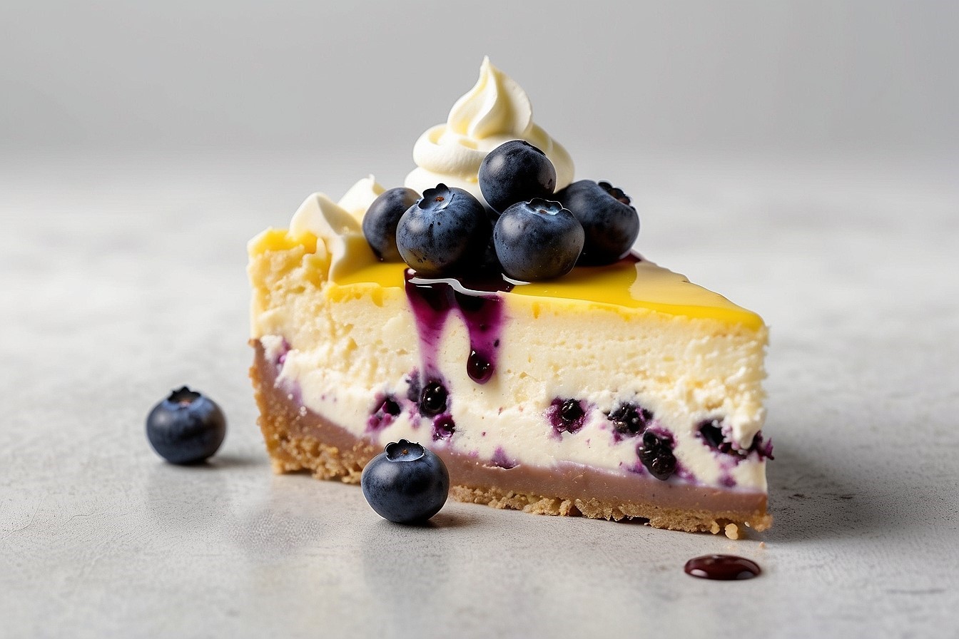 blueberry cheesecake slice topped with yellow coulis and whipped cream