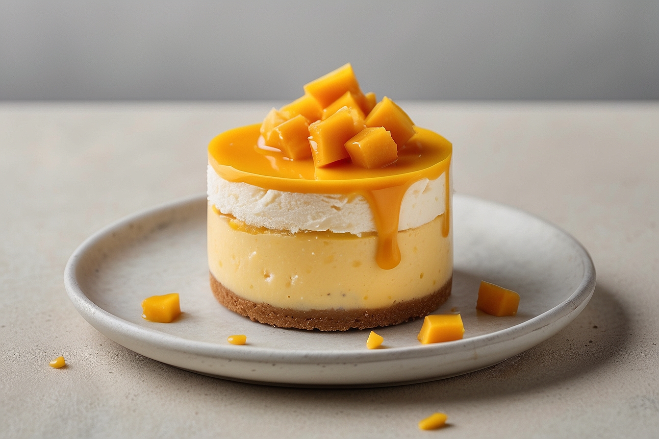 small round mango cheesecake topped with whipped cream, mango coulis, and diced mango