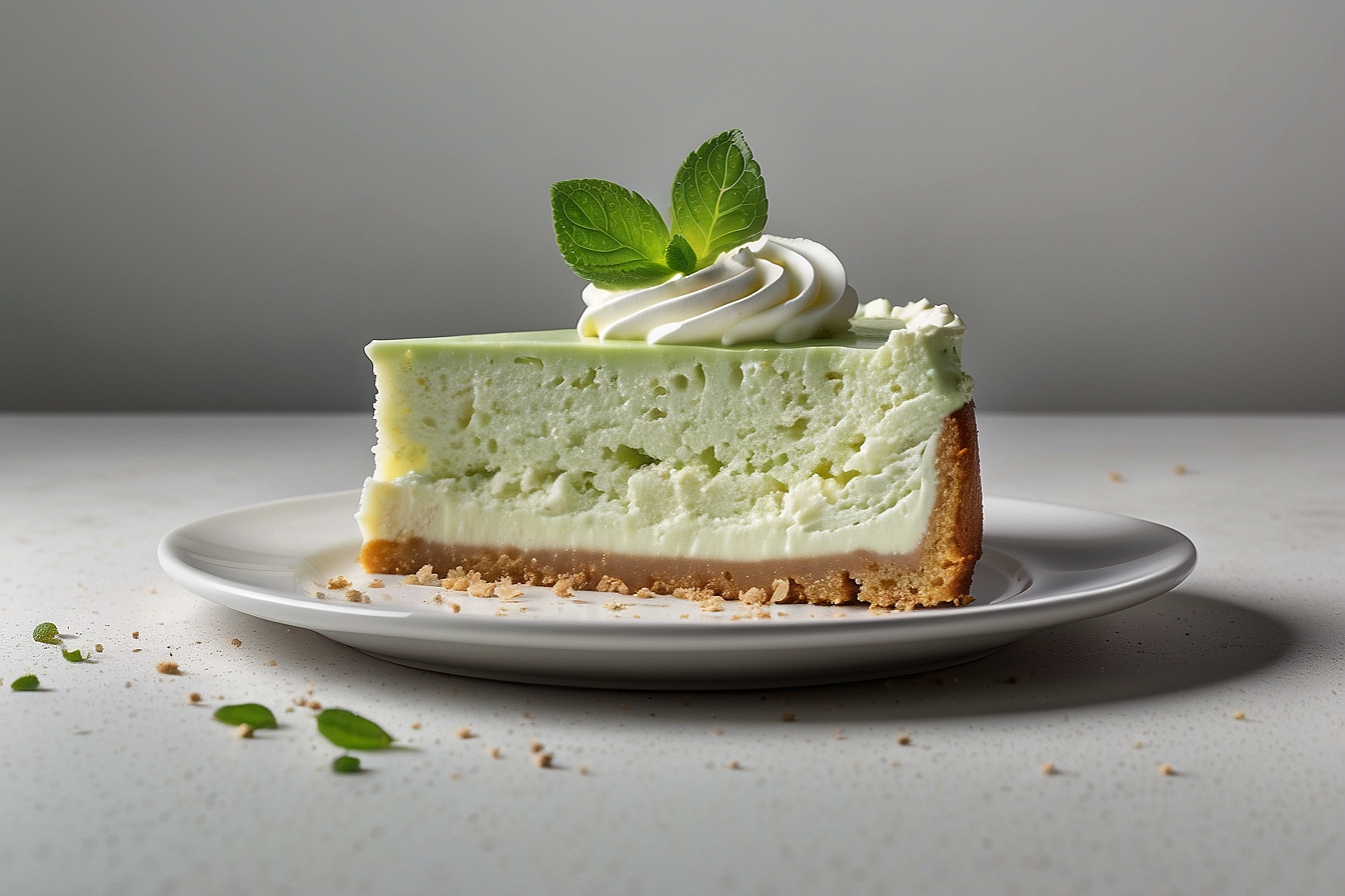 mint cheesecake slice topped with whipped cream and garnished with mint leaves