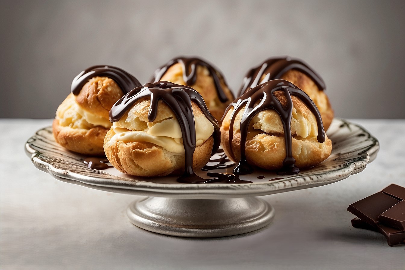 choux pastries filled with custard and drizzled with chocolate