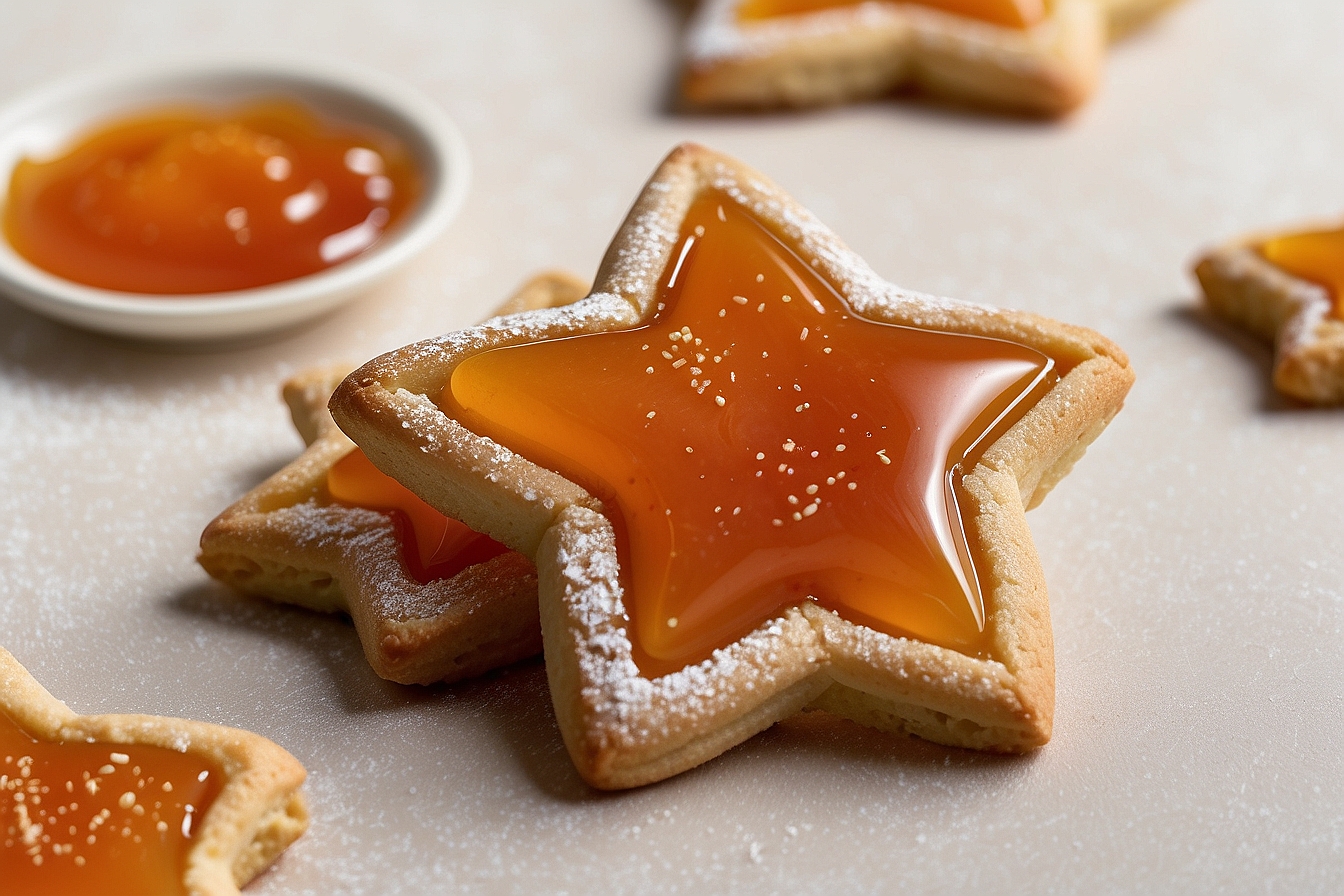 star-shaped cookies filled with orange colored jam