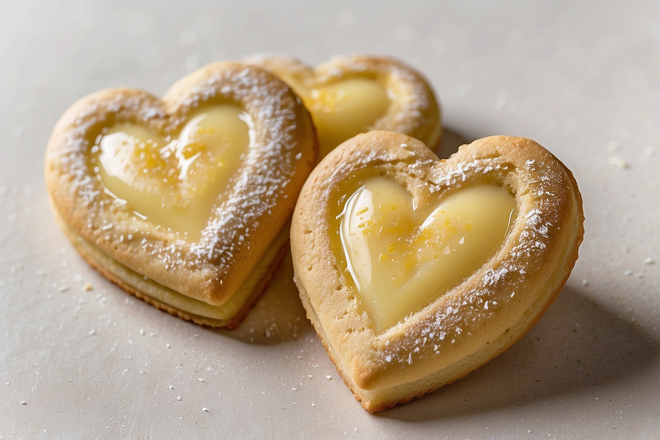 heart-shaped cookies filled with yellow cream