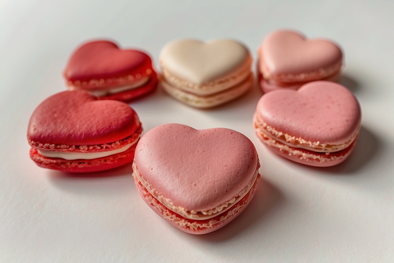 heart-shaped macarons in different shades of pink