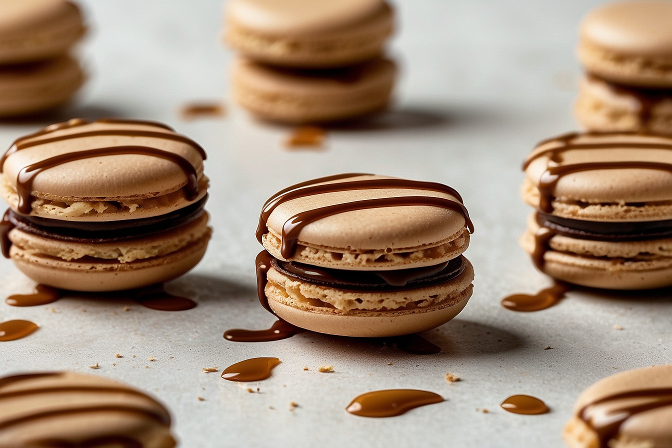 beige macarons drizzled with chocolate