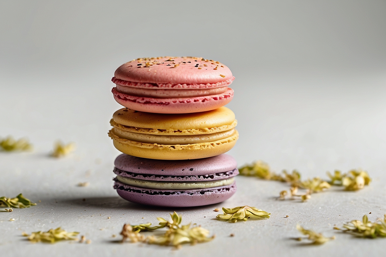 stacked purple, yellow and pink macarons