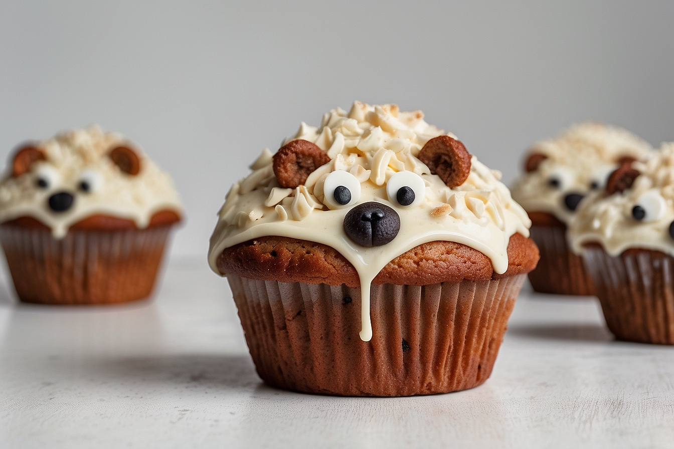 muffins decorated with icing designed to look like a hedgehog