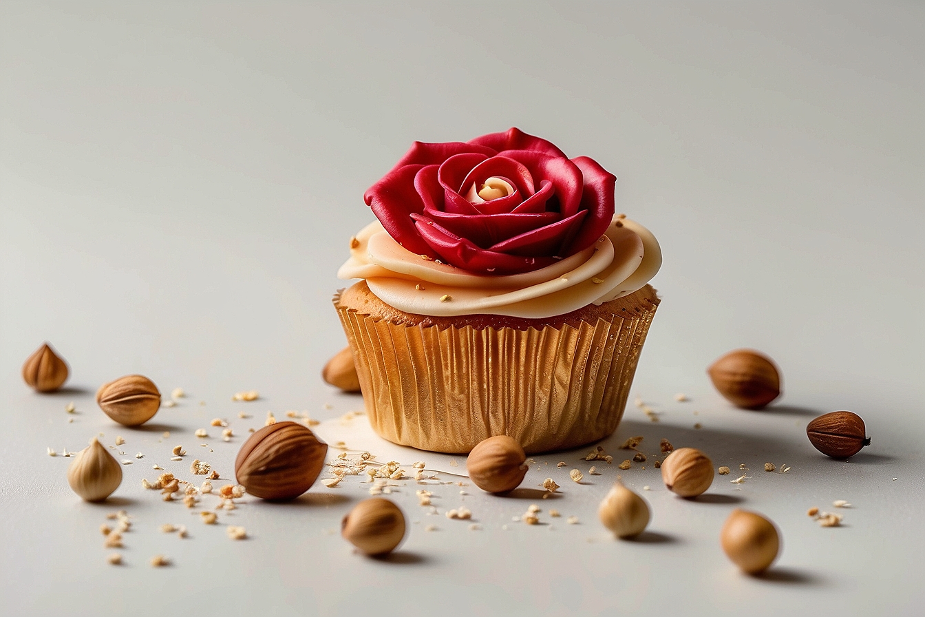 cupcake covered with beige and red frosting piped in the shape of a rose