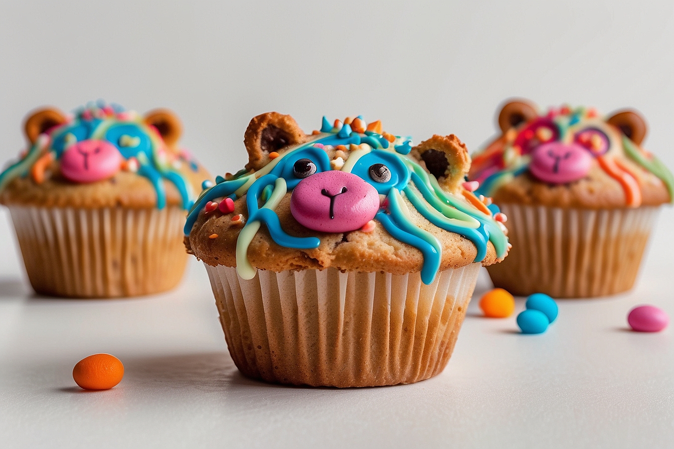 muffins decorated with colorful icing designed to look like a bear