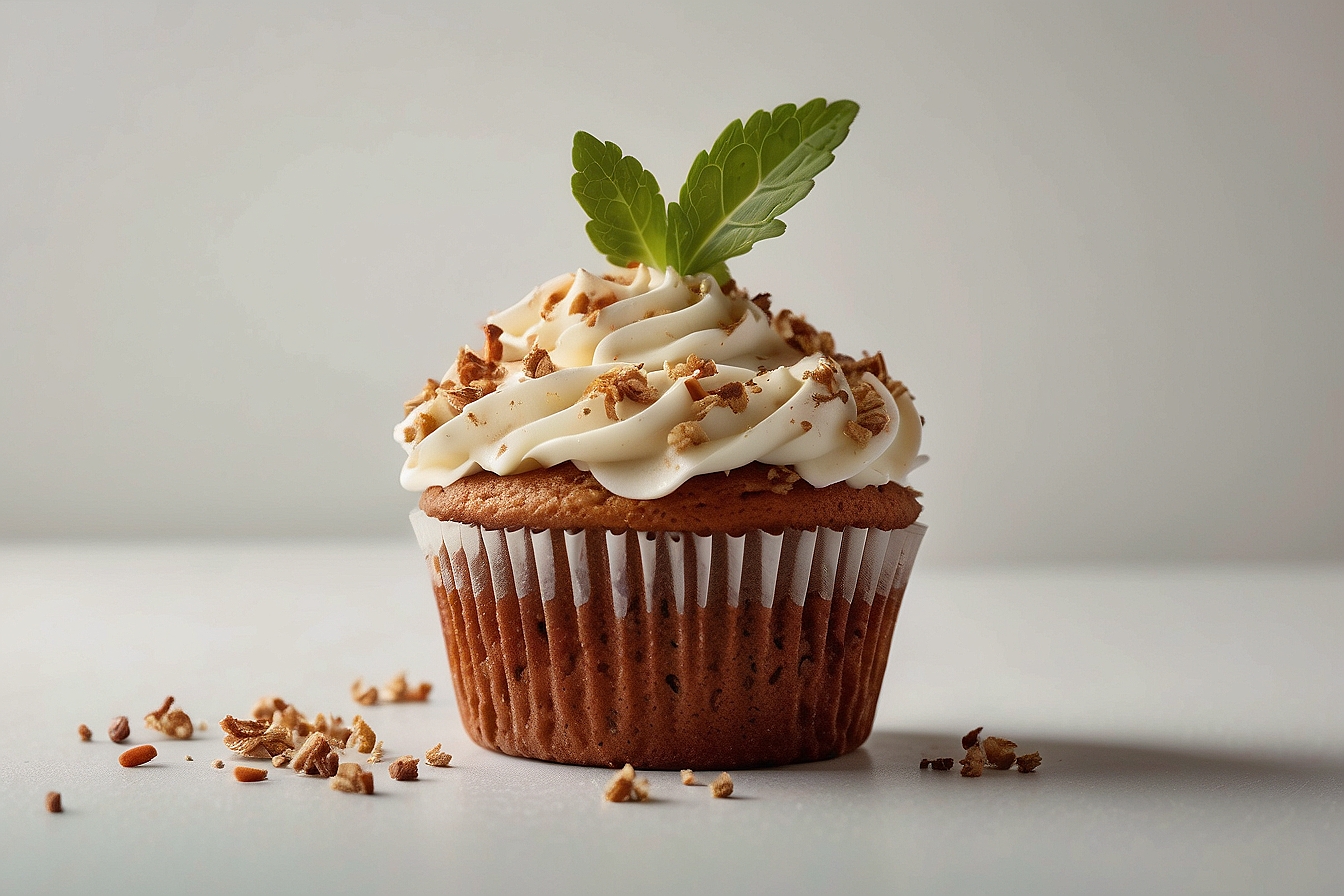 cupcake decorated with white frosting sprinkled with nuts and garnished with catnip leaves