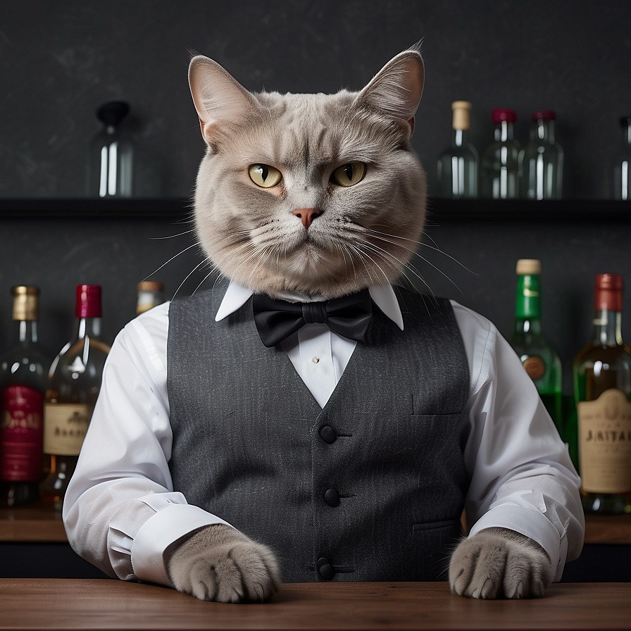 cat wearing human clothes in front of beverage bottles