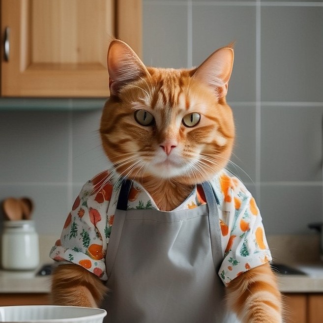 cat wearing human clothes in a kitchen