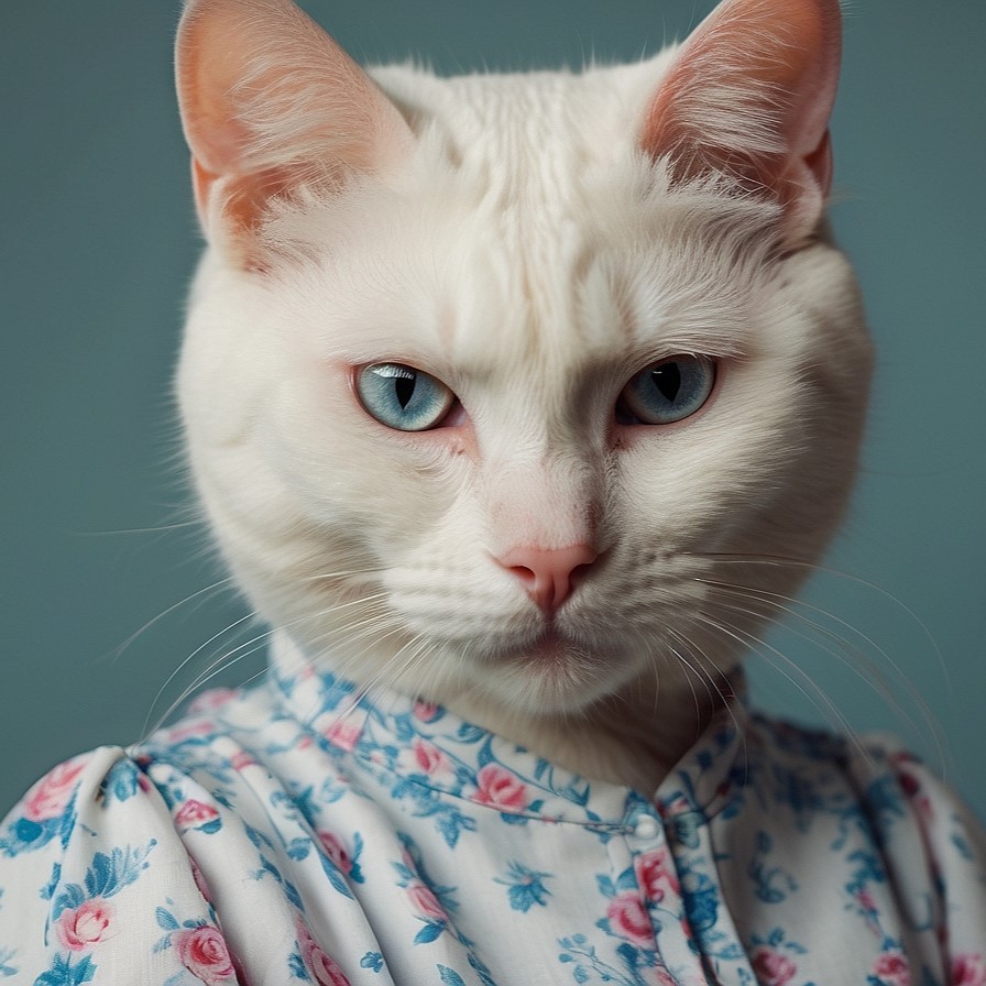 cat wearing human clothes in front of a turquoise background