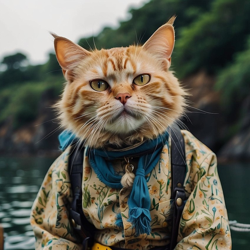 cat wearing human clothes with an outdoor background